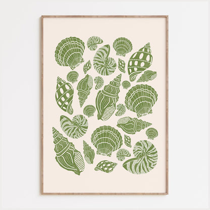 Seashells Linocut Style Print