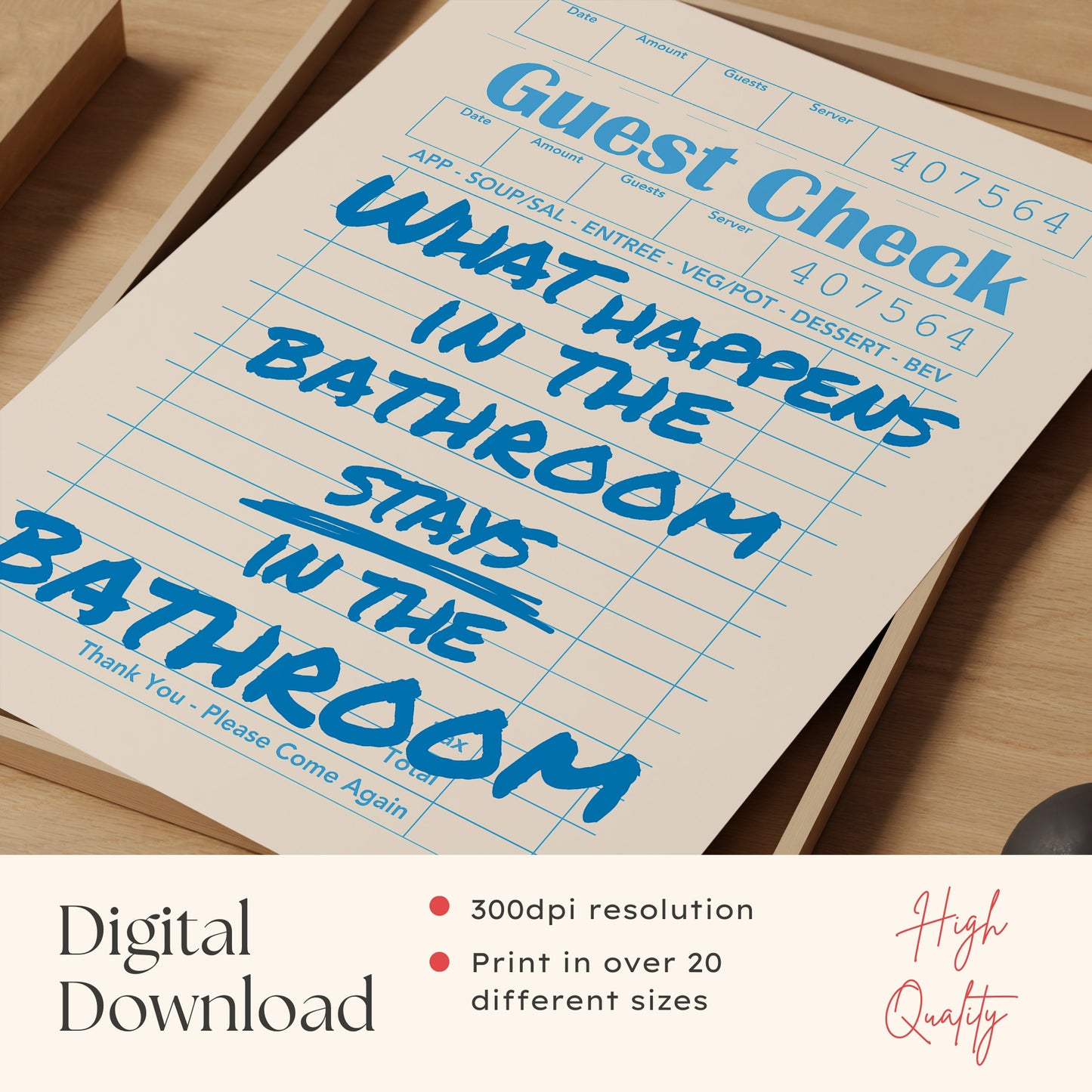 Blue Bathroom Guest Check Print