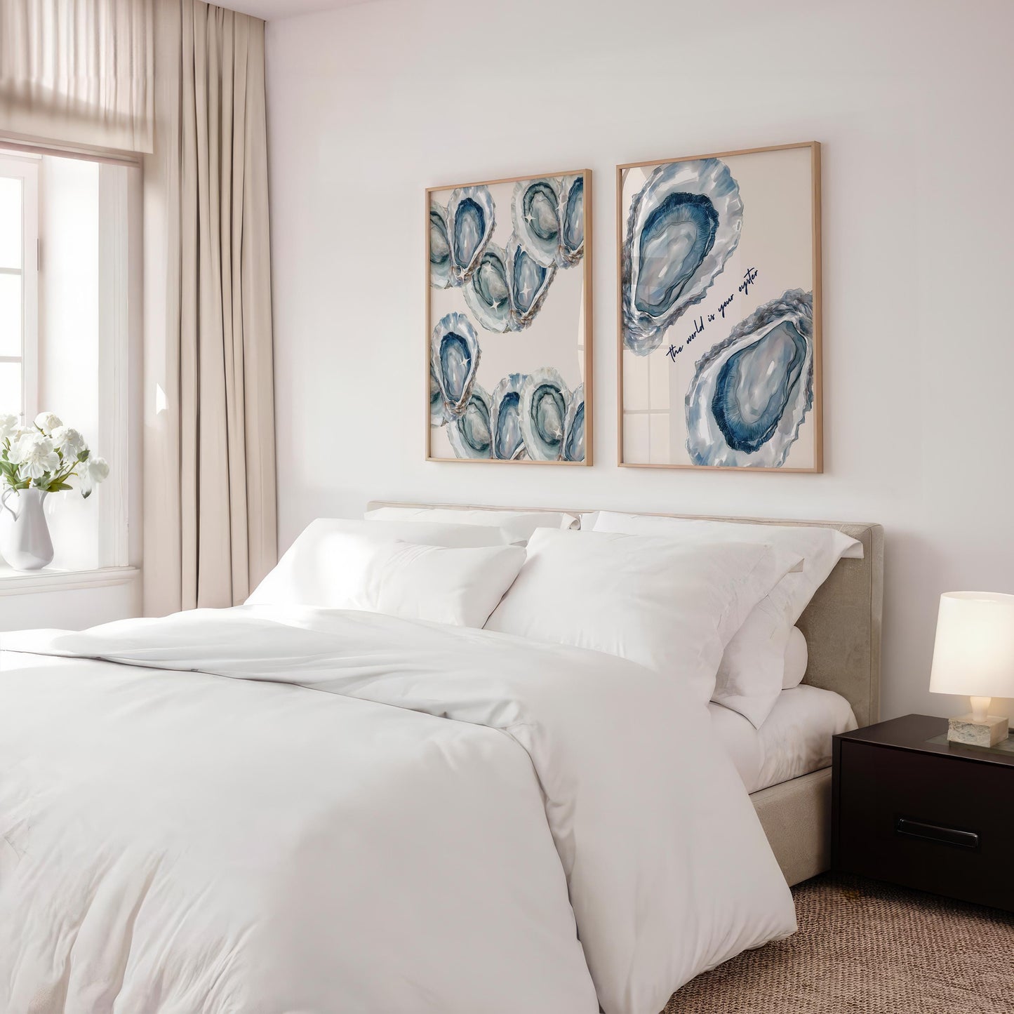 Blue Oyster Seashell Print Set