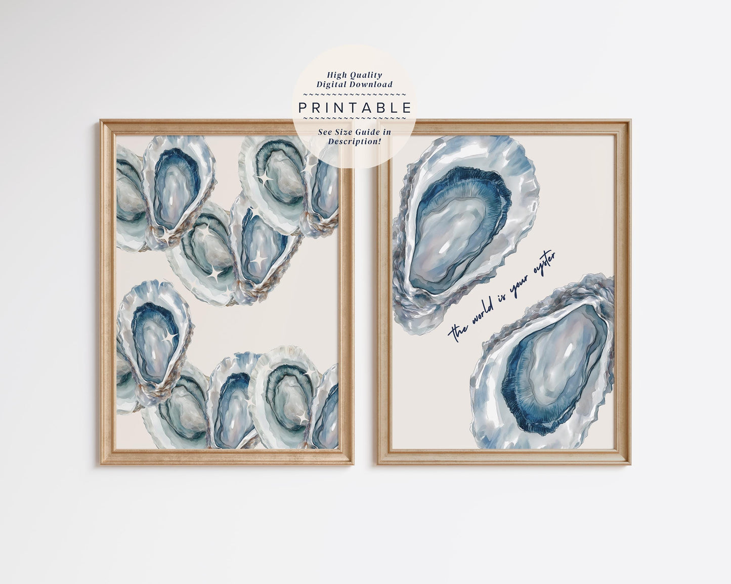 Blue Oyster Seashell Print Set