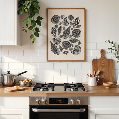 Seashells Linocut Style Print